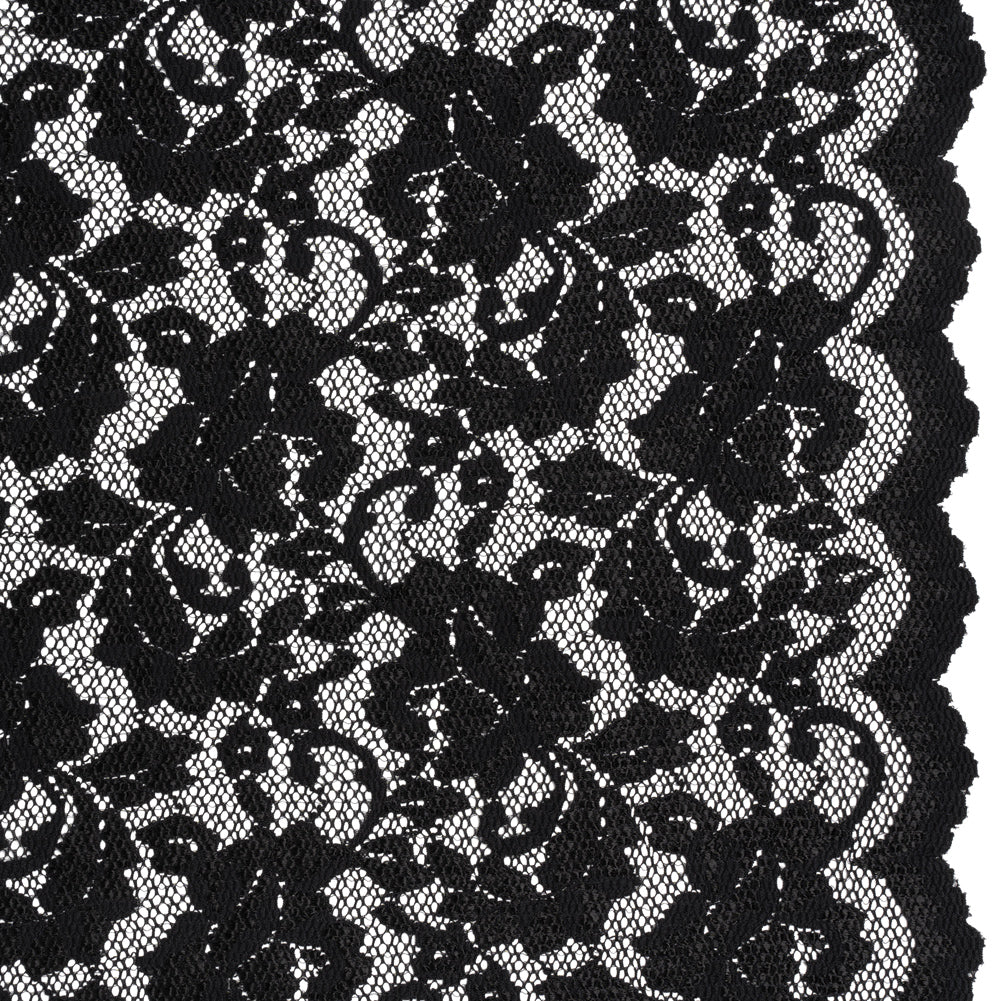 Stretch Raschel Lace with Finished Scalloped Edges - Luminous Black Flowers, Leaves and Swirls - Crina Collection Stretch Raschel Lace with Finished Scalloped Edges - Luminous Black Flowers, Leaves and Swirls - Crina Collection