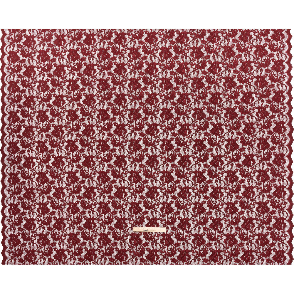 Stretch Raschel Lace with Finished Scalloped Edges - Luminous Deep Red Flowers, Leaves and Swirls - Crina Collection - Full Stretch Raschel Lace with Finished Scalloped Edges - Luminous Deep Red Flowers, Leaves and Swirls - Crina Collection - Full