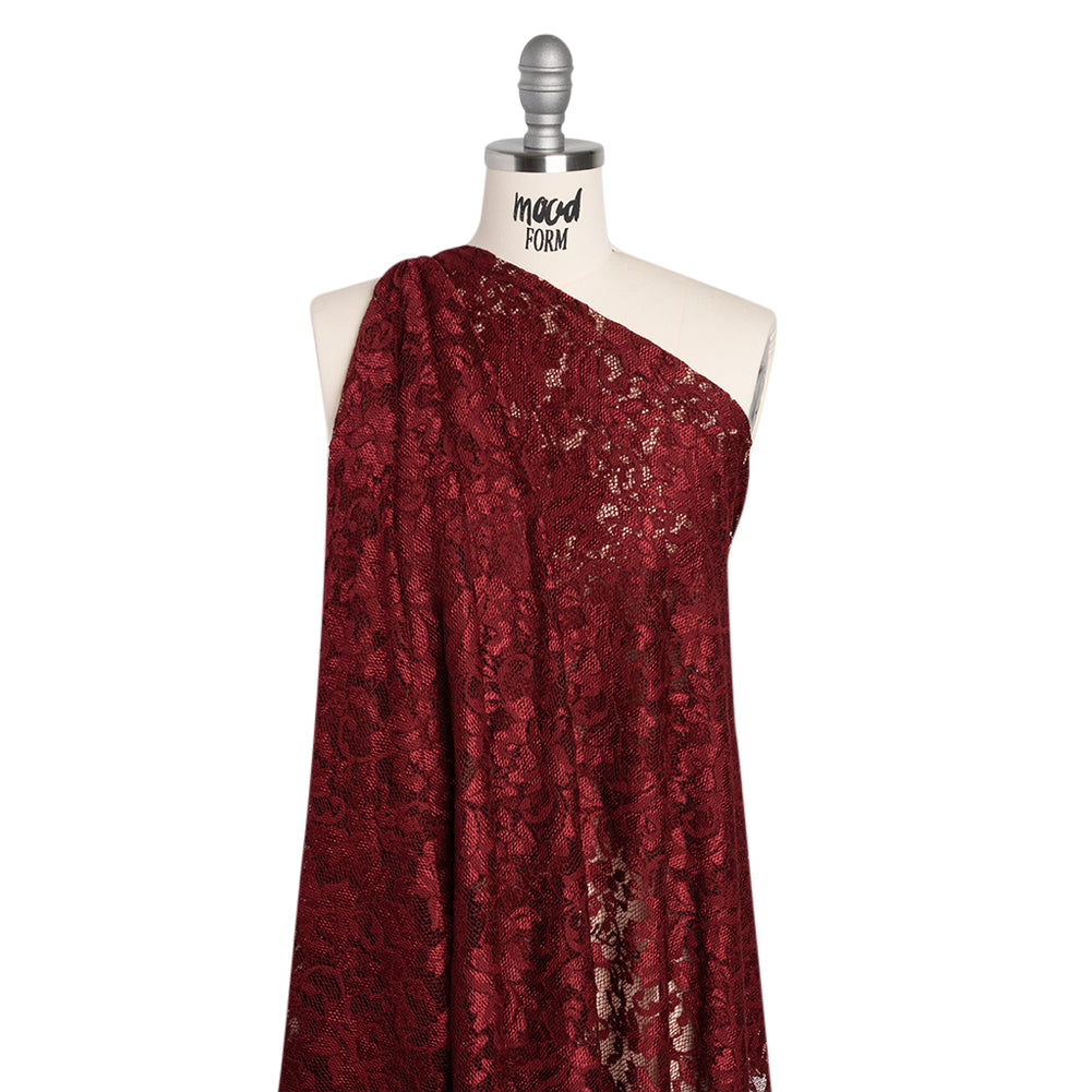 Stretch Raschel Lace with Finished Scalloped Edges - Luminous Deep Red Flowers, Leaves and Swirls - Crina Collection - Drape Stretch Raschel Lace with Finished Scalloped Edges - Luminous Deep Red Flowers, Leaves and Swirls - Crina Collection - Drape