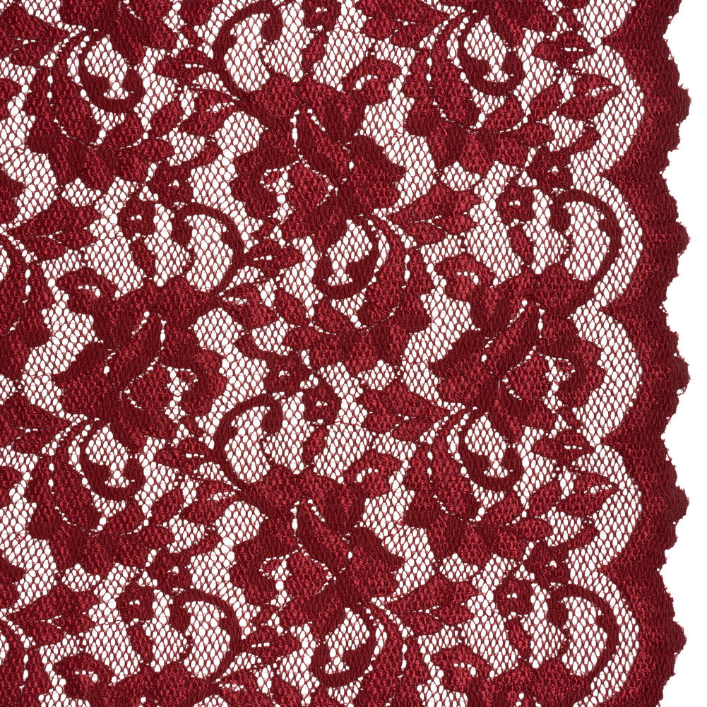 Stretch Raschel Lace with Finished Scalloped Edges - Luminous Deep Red Flowers, Leaves and Swirls - Crina Collection Stretch Raschel Lace with Finished Scalloped Edges - Luminous Deep Red Flowers, Leaves and Swirls - Crina Collection