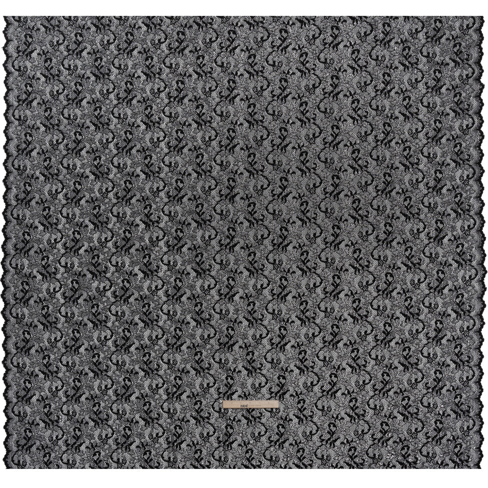 Stretch Raschel Lace with Finished Scalloped Edges - Metallic Silver and Black Flowers, Leaves and Swirls - Crina Collection - Full Stretch Raschel Lace with Finished Scalloped Edges - Metallic Silver and Black Flowers, Leaves and Swirls - Crina Collection - Full