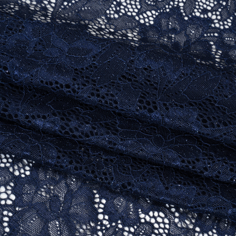 Stretch Corded Raschel Lace with All-Over Glitter - Navy on Navy Floral - Folded Stretch Corded Raschel Lace with All-Over Glitter - Navy on Navy Floral - Folded