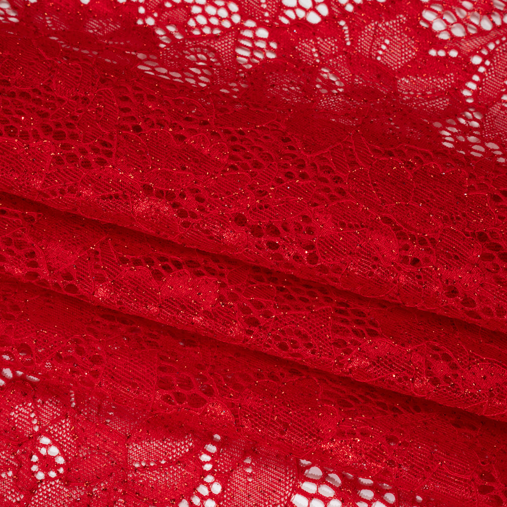 Stretch Corded Raschel Lace with All-Over Glitter - Red on Red Floral - Folded Stretch Corded Raschel Lace with All-Over Glitter - Red on Red Floral - Folded