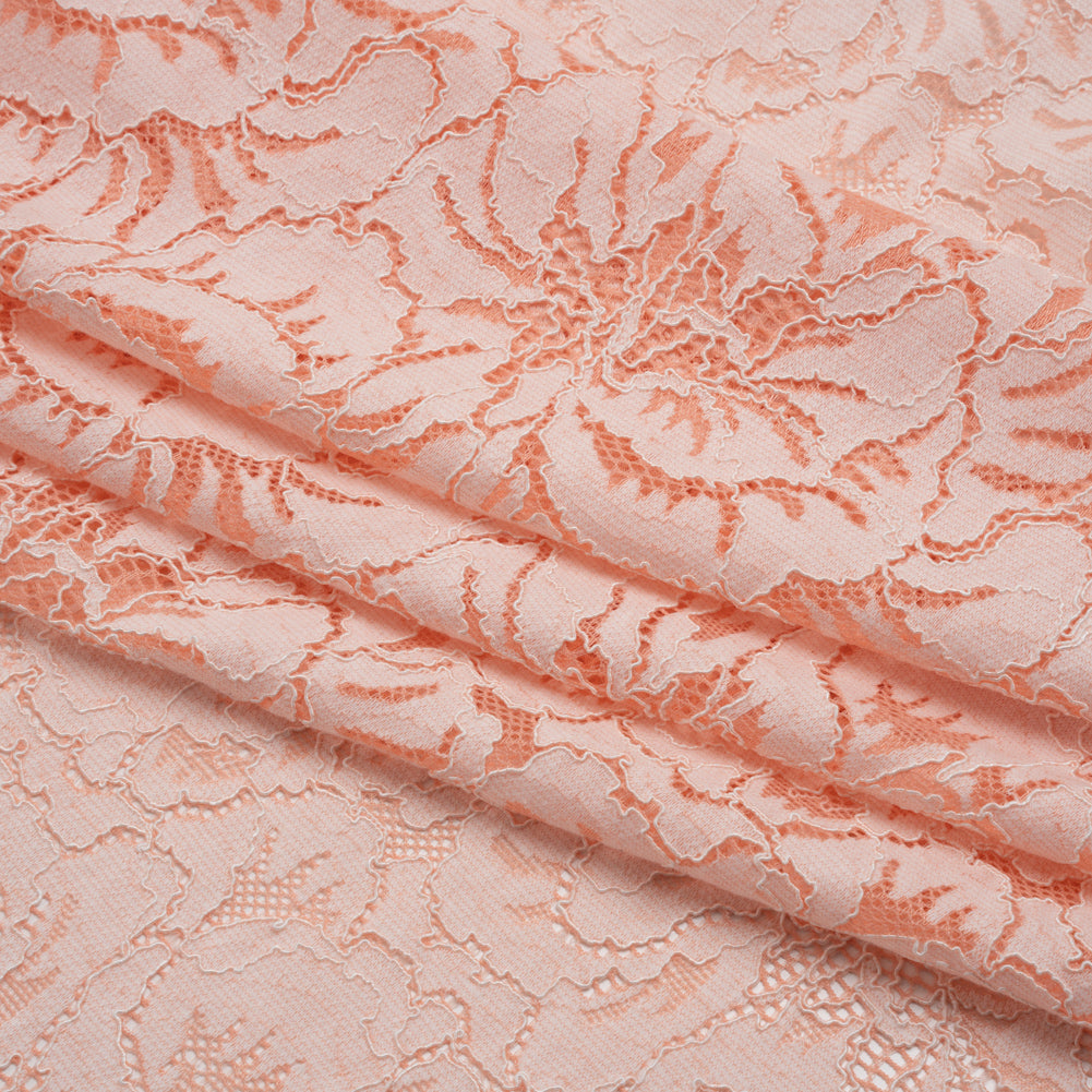 Stretch Corded Lace with Finished Edges - Salmon Pink and Natural Bold Blooming Florals - Dania Collection - Folded Stretch Corded Lace with Finished Edges - Salmon Pink and Natural Bold Blooming Florals - Dania Collection - Folded