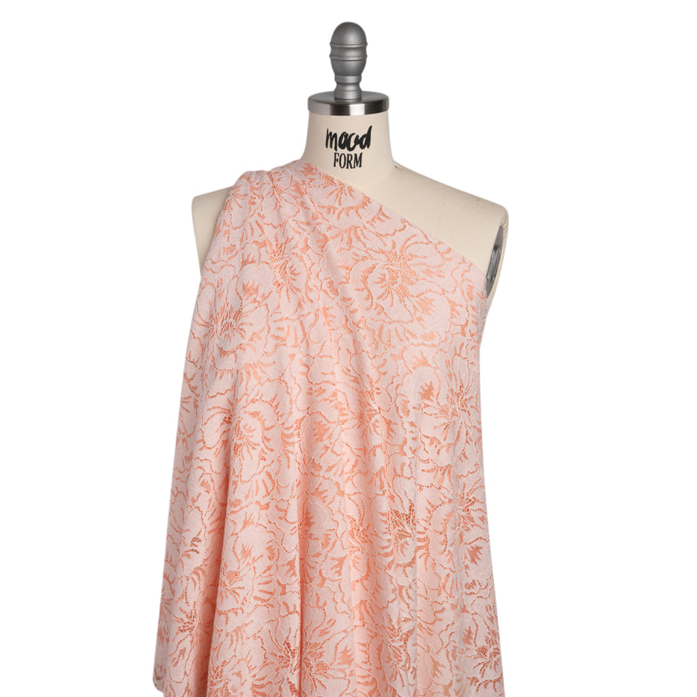 Stretch Corded Lace with Finished Edges - Salmon Pink and Natural Bold Blooming Florals - Dania Collection - Drape Stretch Corded Lace with Finished Edges - Salmon Pink and Natural Bold Blooming Florals - Dania Collection - Drape