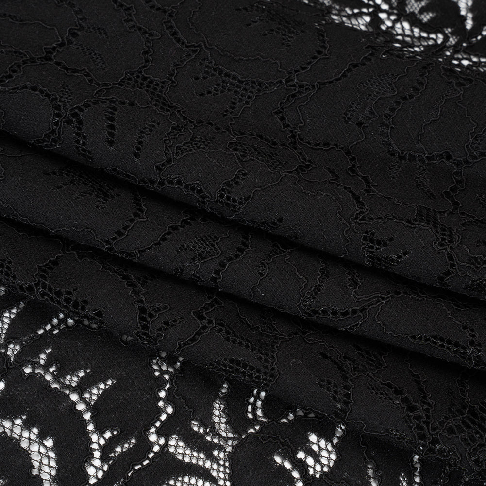 Stretch Corded Lace with Finished Edges - Black Bold Blooming Florals - Dania Collection - Folded Stretch Corded Lace with Finished Edges - Black Bold Blooming Florals - Dania Collection - Folded