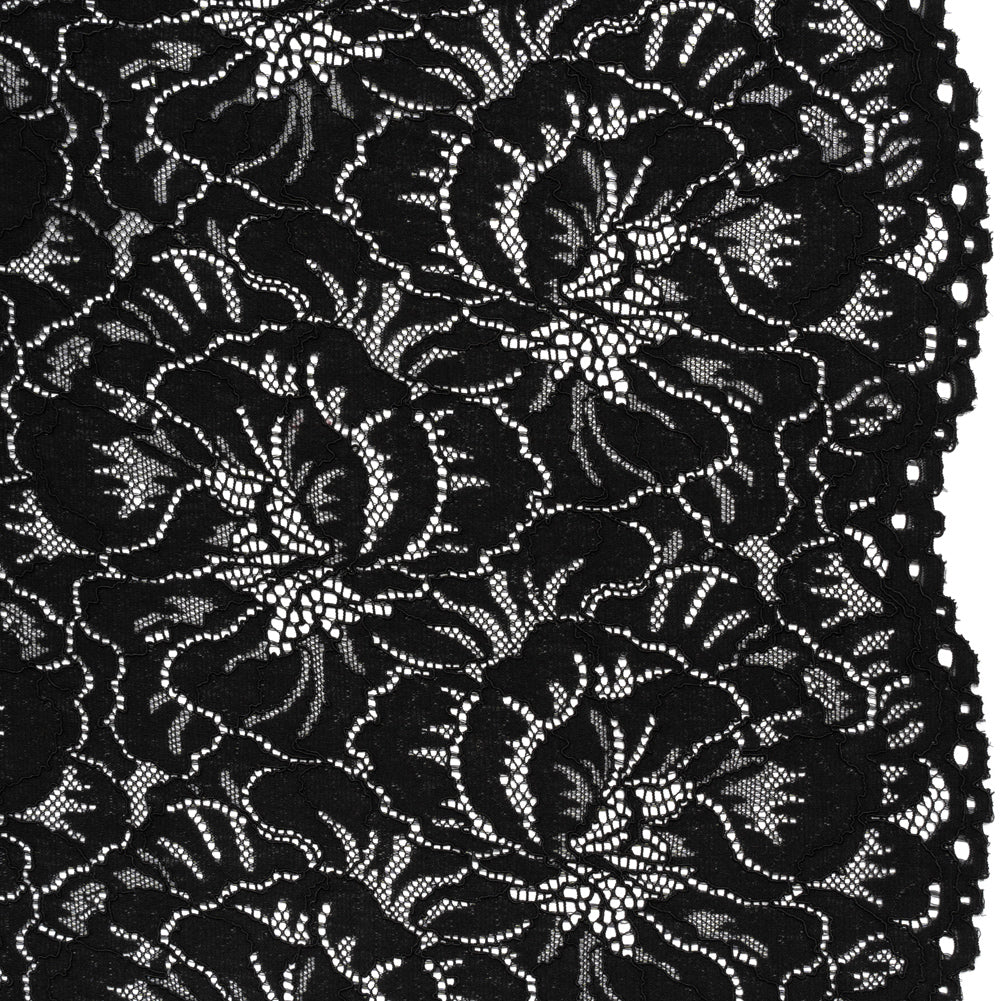 Stretch Corded Lace with Finished Edges - Black Bold Blooming Florals - Dania Collection Stretch Corded Lace with Finished Edges - Black Bold Blooming Florals - Dania Collection
