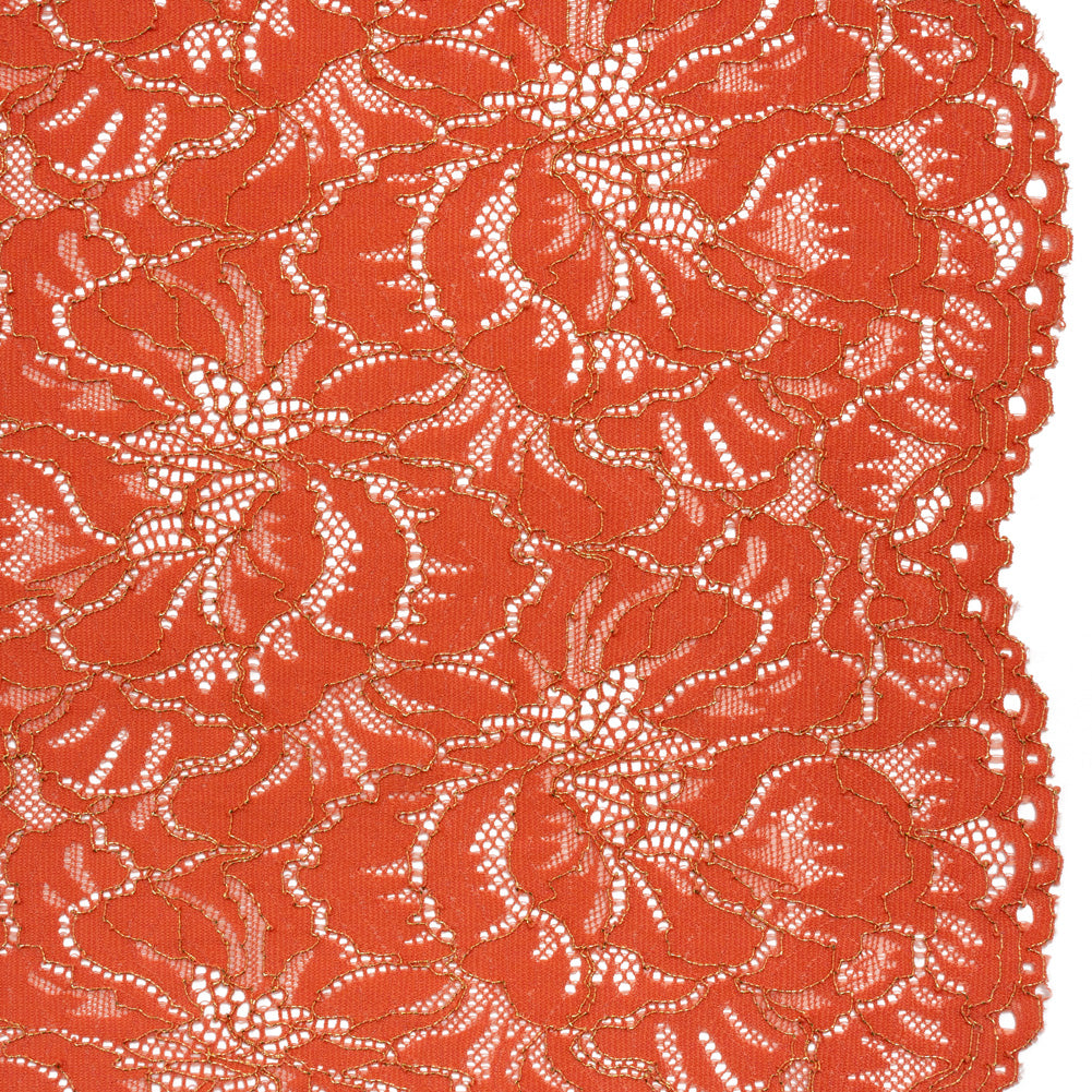 Stretch Metallic Corded Lace with Finished Edges - Burnt Sienna and Gold Bold Blooming Florals - Dania Collection Stretch Metallic Corded Lace with Finished Edges - Burnt Sienna and Gold Bold Blooming Florals - Dania Collection