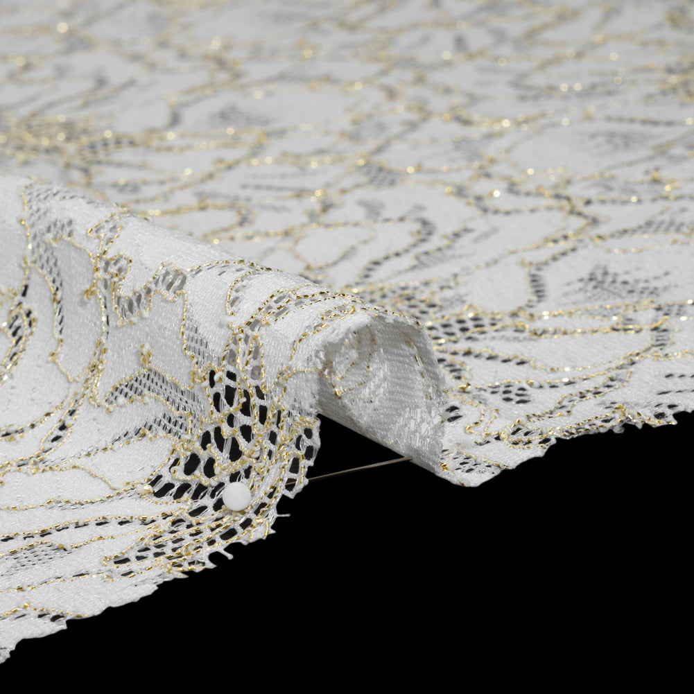 Stretch Metallic Corded Lace with Finished Edges - Ivory and Gold Bold Blooming Florals - Dania Collection - Detail Stretch Metallic Corded Lace with Finished Edges - Ivory and Gold Bold Blooming Florals - Dania Collection - Detail