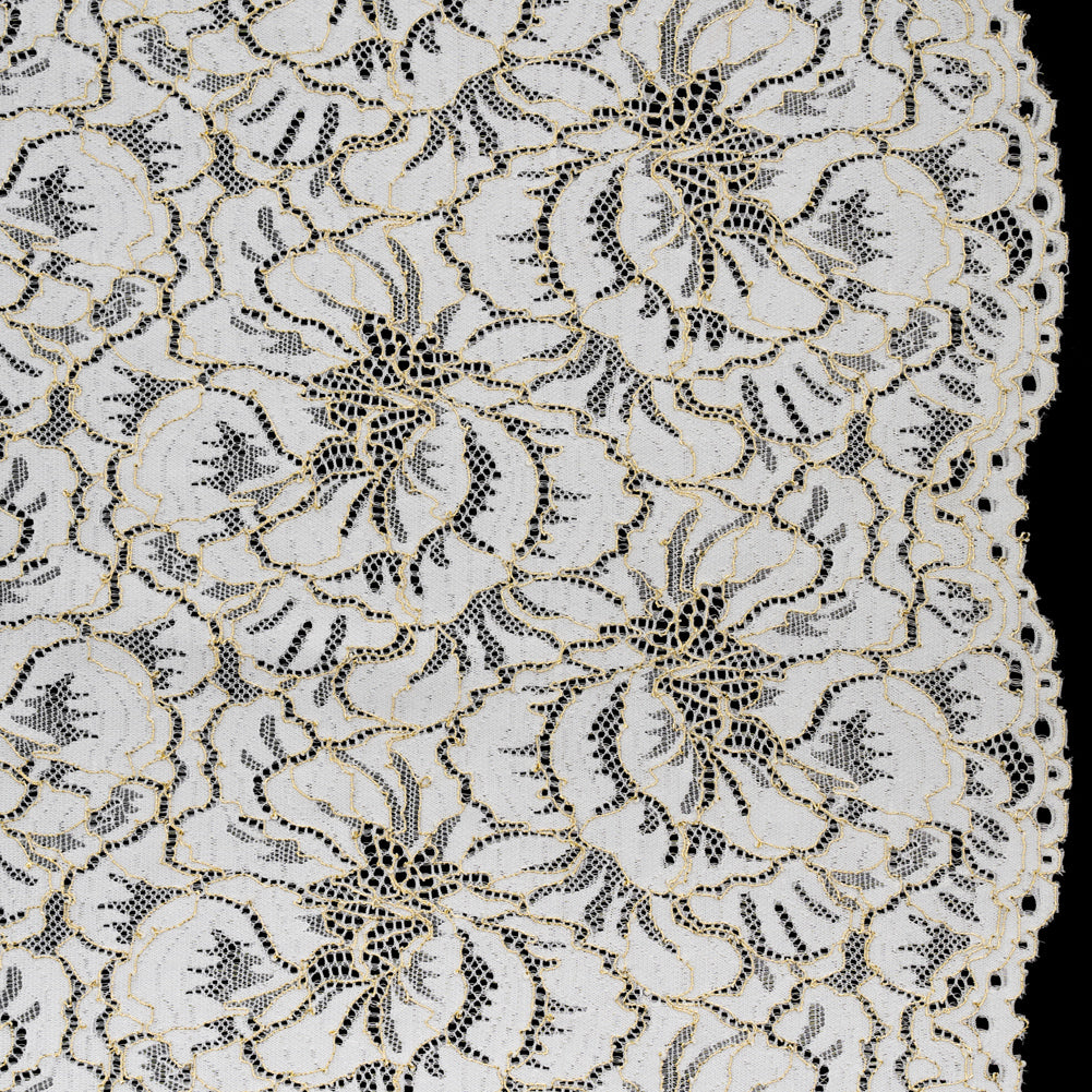 Stretch Metallic Corded Lace with Finished Edges - Ivory and Gold Bold Blooming Florals - Dania Collection Stretch Metallic Corded Lace with Finished Edges - Ivory and Gold Bold Blooming Florals - Dania Collection