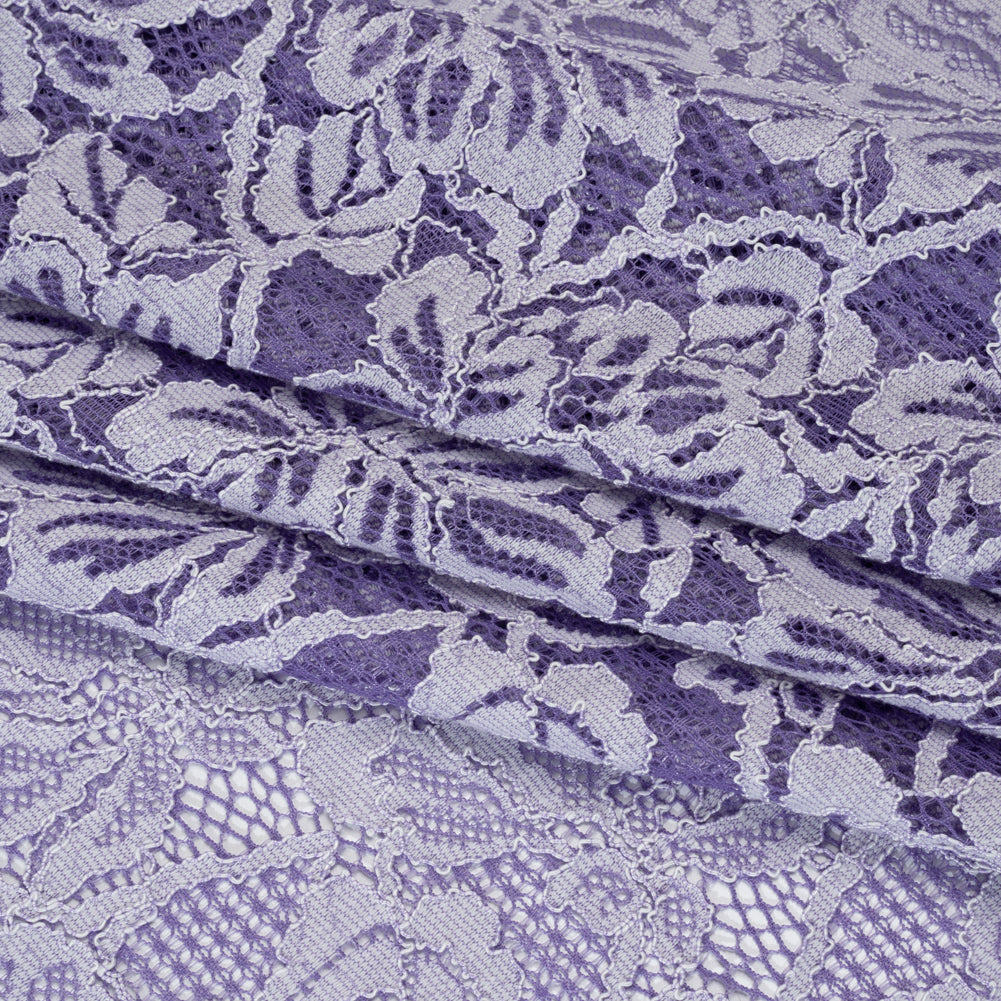 Stretch Corded Lace with Finished Edges - Purple Corallites and Natural Tropical Blossoms - Ottilie Collection - Folded Stretch Corded Lace with Finished Edges - Purple Corallites and Natural Tropical Blossoms - Ottilie Collection - Folded