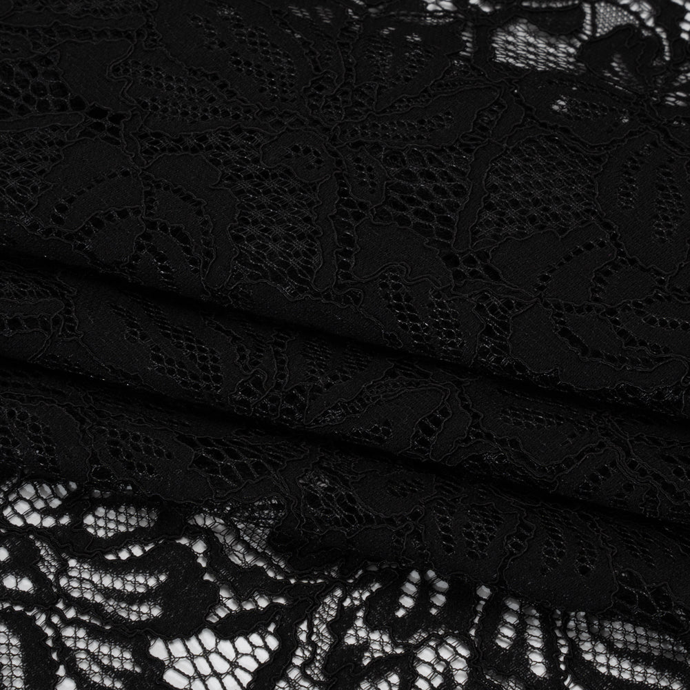 Stretch Corded Lace with Finished Edges - Black Tropical Blossoms - Ottilie Collection - Folded Stretch Corded Lace with Finished Edges - Black Tropical Blossoms - Ottilie Collection - Folded