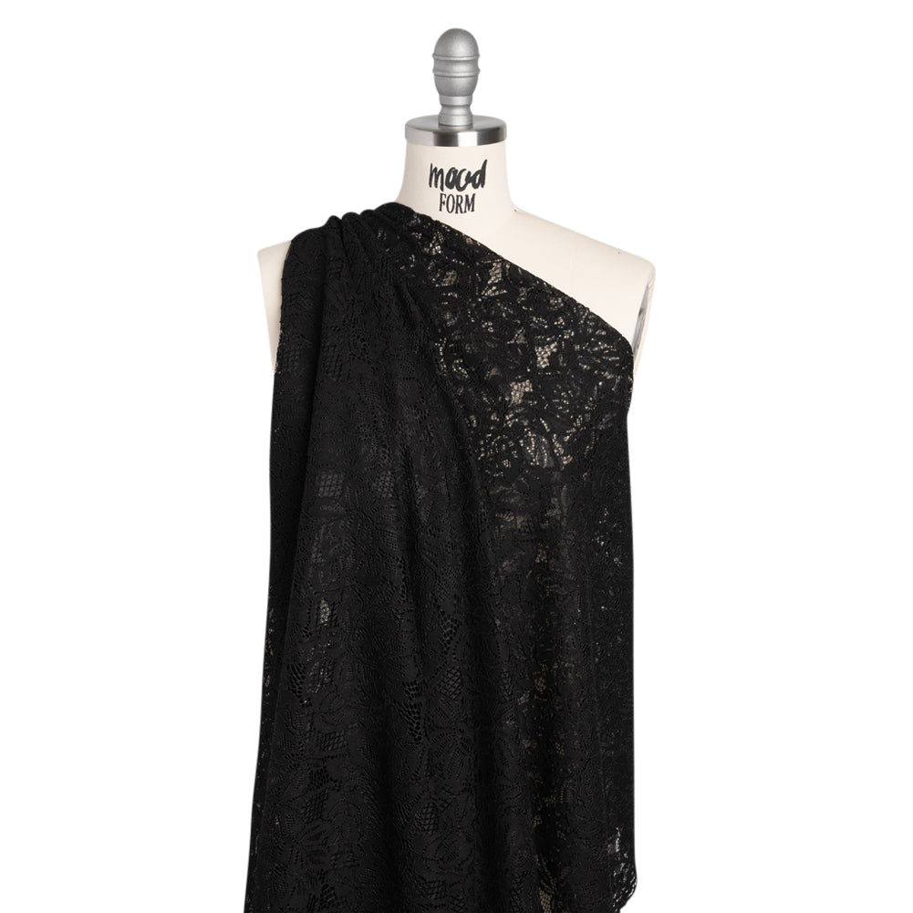 Stretch Corded Lace with Finished Edges - Black Tropical Blossoms - Ottilie Collection - Drape Stretch Corded Lace with Finished Edges - Black Tropical Blossoms - Ottilie Collection - Drape