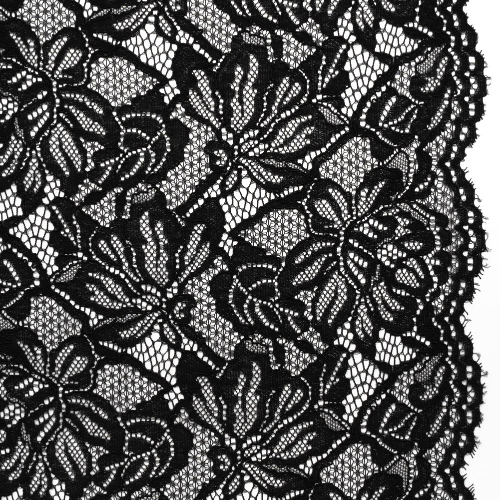 Stretch Corded Lace with Finished Edges - Black Tropical Blossoms - Ottilie Collection Stretch Corded Lace with Finished Edges - Black Tropical Blossoms - Ottilie Collection