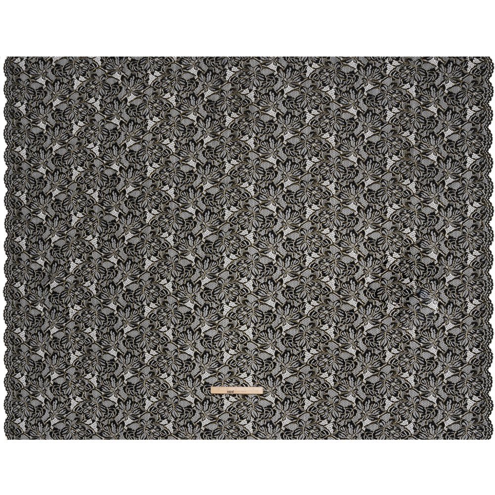 Stretch Metallic Corded Lace with Finished Edges - Black and Gold Tropical Blossoms - Ottilie Collection - Full Stretch Metallic Corded Lace with Finished Edges - Black and Gold Tropical Blossoms - Ottilie Collection - Full