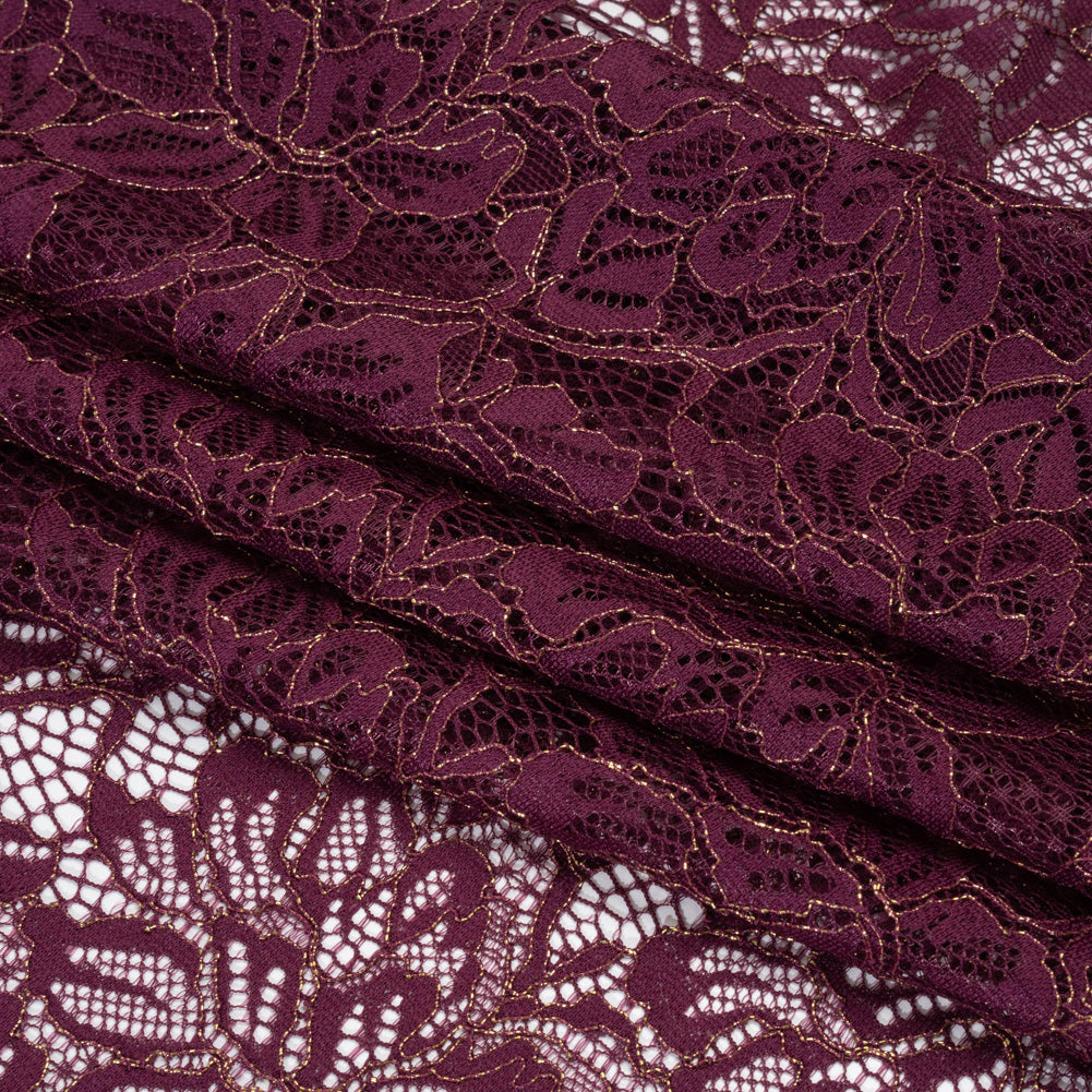 Stretch Metallic Corded Lace with Finished Edges - Dark Purple and Gold Tropical Blossoms - Ottilie Collection - Folded Stretch Metallic Corded Lace with Finished Edges - Dark Purple and Gold Tropical Blossoms - Ottilie Collection - Folded