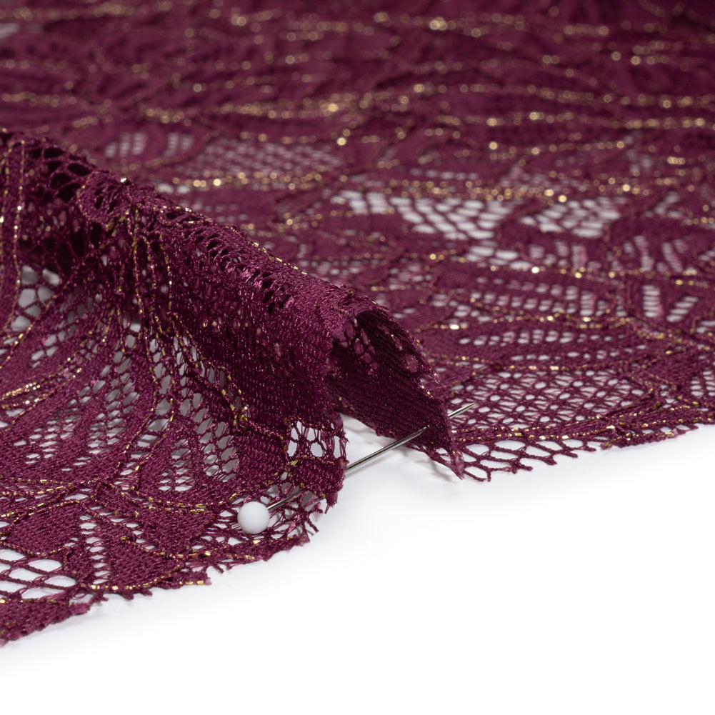 Stretch Metallic Corded Lace with Finished Edges - Dark Purple and Gold Tropical Blossoms - Ottilie Collection - Detail Stretch Metallic Corded Lace with Finished Edges - Dark Purple and Gold Tropical Blossoms - Ottilie Collection - Detail