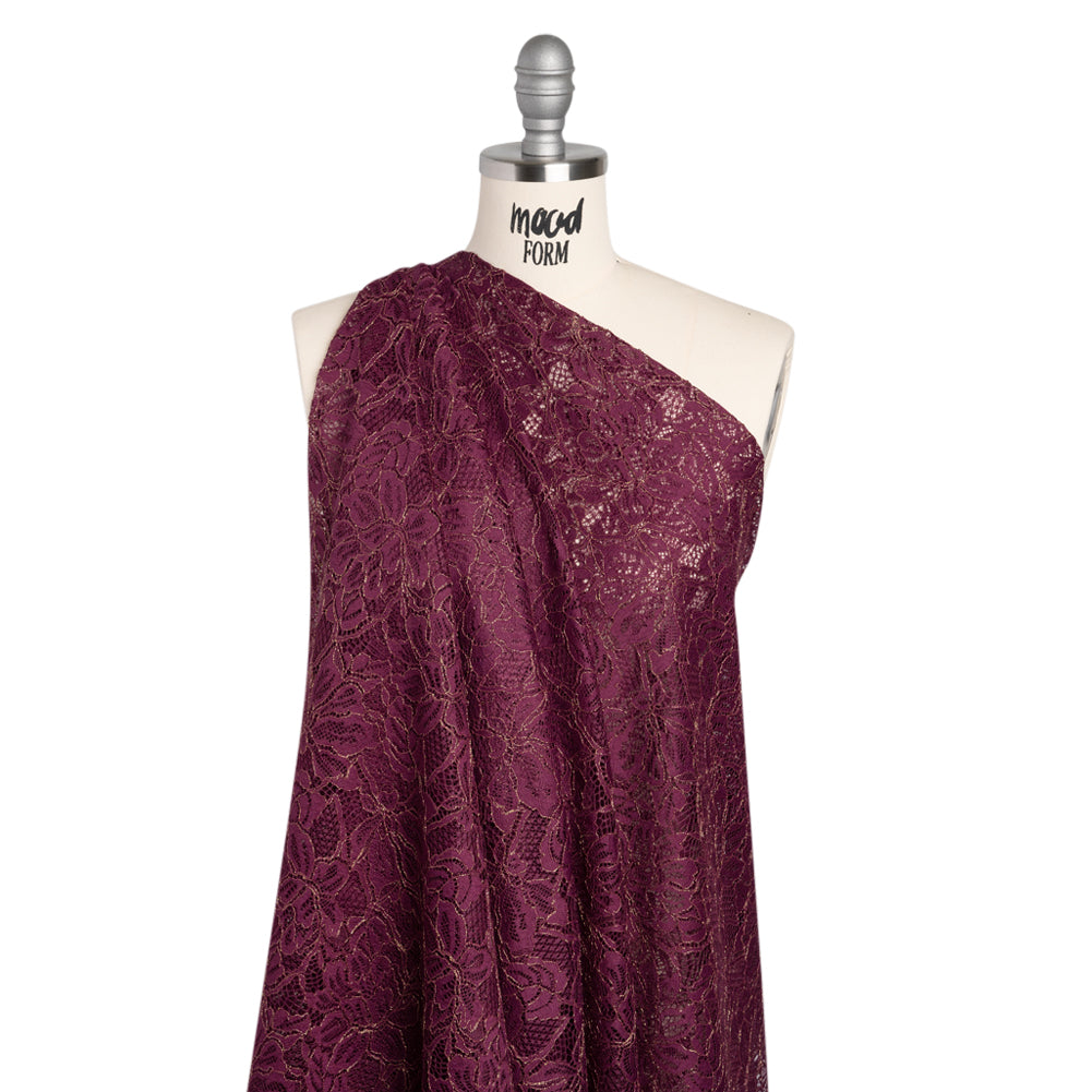 Stretch Metallic Corded Lace with Finished Edges - Dark Purple and Gold Tropical Blossoms - Ottilie Collection - Drape Stretch Metallic Corded Lace with Finished Edges - Dark Purple and Gold Tropical Blossoms - Ottilie Collection - Drape