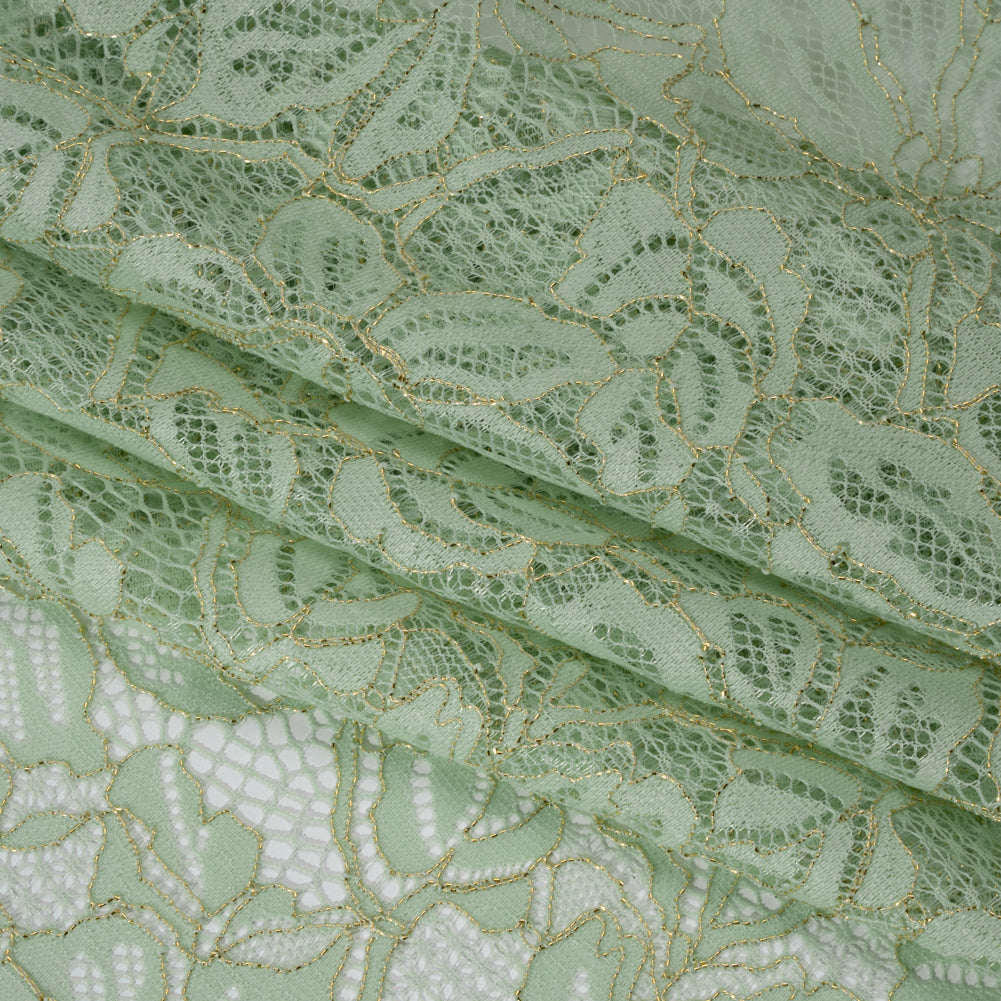 Stretch Metallic Corded Lace with Finished Edges - Dusty Aqua and Gold Tropical Blossoms - Ottilie Collection - Folded Stretch Metallic Corded Lace with Finished Edges - Dusty Aqua and Gold Tropical Blossoms - Ottilie Collection - Folded