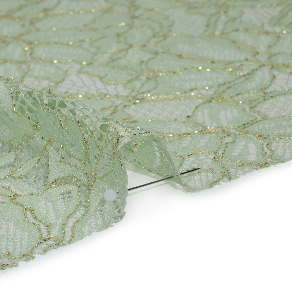 Stretch Metallic Corded Lace with Finished Edges - Dusty Aqua and Gold Tropical Blossoms - Ottilie Collection - Detail Stretch Metallic Corded Lace with Finished Edges - Dusty Aqua and Gold Tropical Blossoms - Ottilie Collection - Detail
