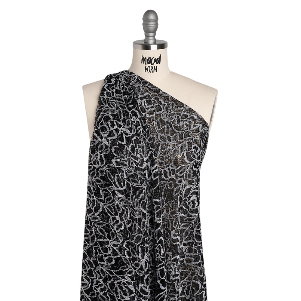 Corded Lace with Finished Edge - White on Black Sweeping Roses - Drape Corded Lace with Finished Edge - White on Black Sweeping Roses - Drape