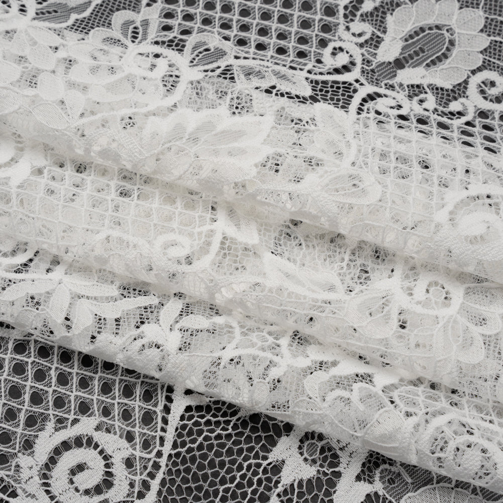 Re-Embroidered Raschel Lace with Scalloped Finished Edges - Ivory Leafy Swirls and Lattices - Folded Re-Embroidered Raschel Lace with Scalloped Finished Edges - Ivory Leafy Swirls and Lattices - Folded
