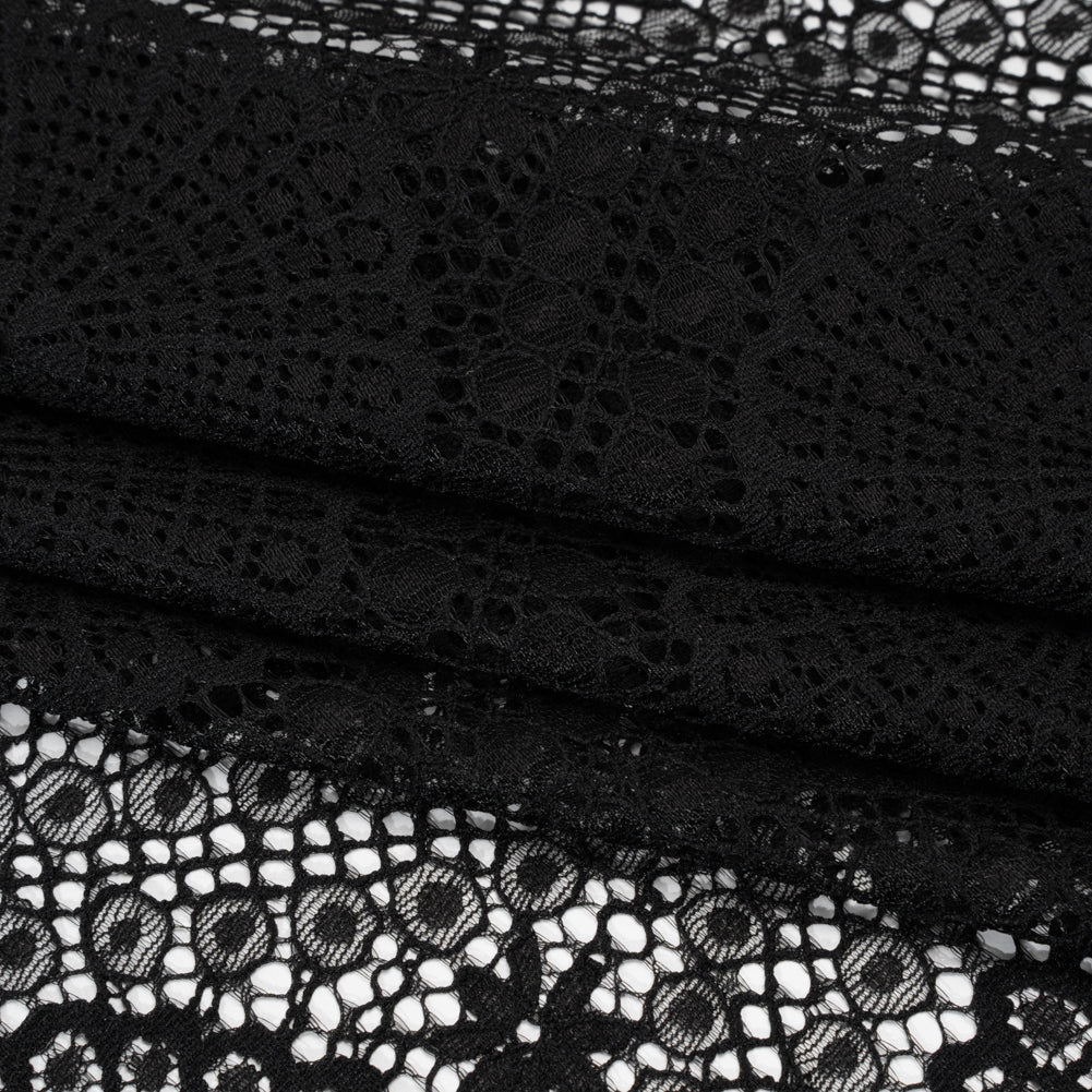 Nylon Raschel Lace Panel with Finished Scalloped Edges - Black Floral Medallions - Folded Nylon Raschel Lace Panel with Finished Scalloped Edges - Black Floral Medallions - Folded