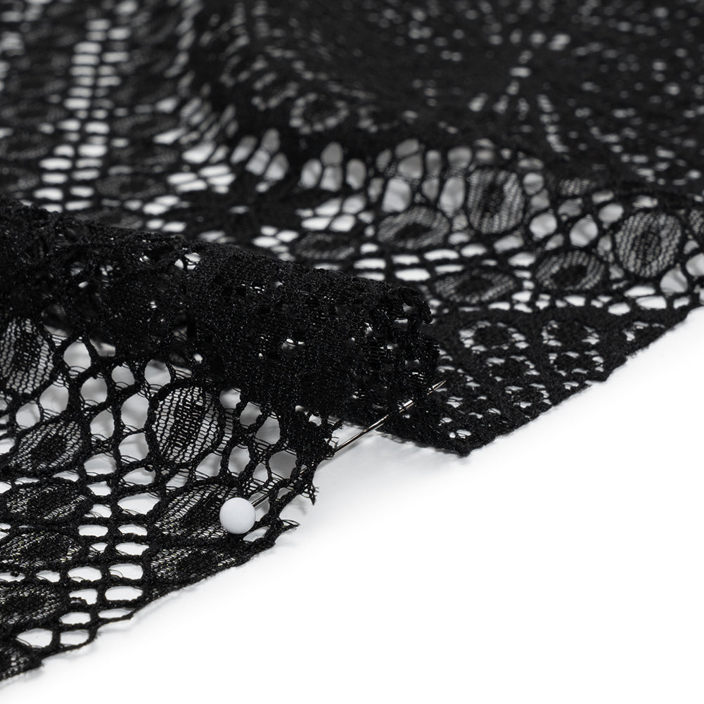 Nylon Raschel Lace Panel with Finished Scalloped Edges - Black Floral Medallions - Detail Nylon Raschel Lace Panel with Finished Scalloped Edges - Black Floral Medallions - Detail