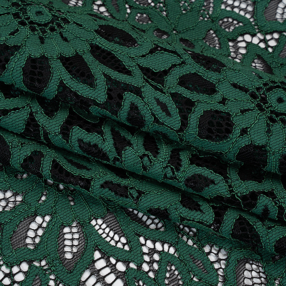 Corded Lace with Finished Scalloped Edges - Bay Berry Green and Black Sunflowers - Folded Corded Lace with Finished Scalloped Edges - Bay Berry Green and Black Sunflowers - Folded