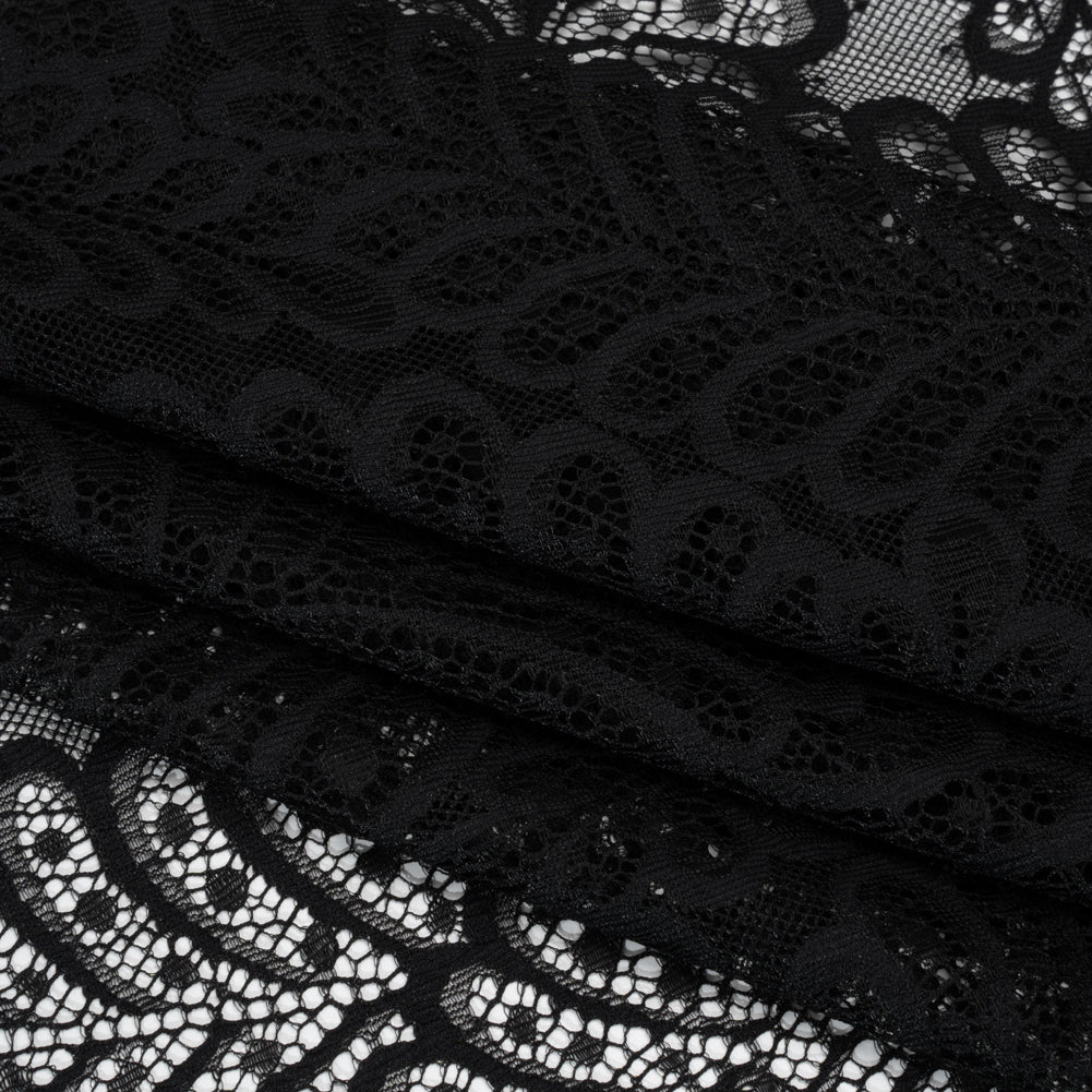Nylon Raschel Lace Panel with Finished Scalloped Edges - Black Fern Leaves - Folded Nylon Raschel Lace Panel with Finished Scalloped Edges - Black Fern Leaves - Folded