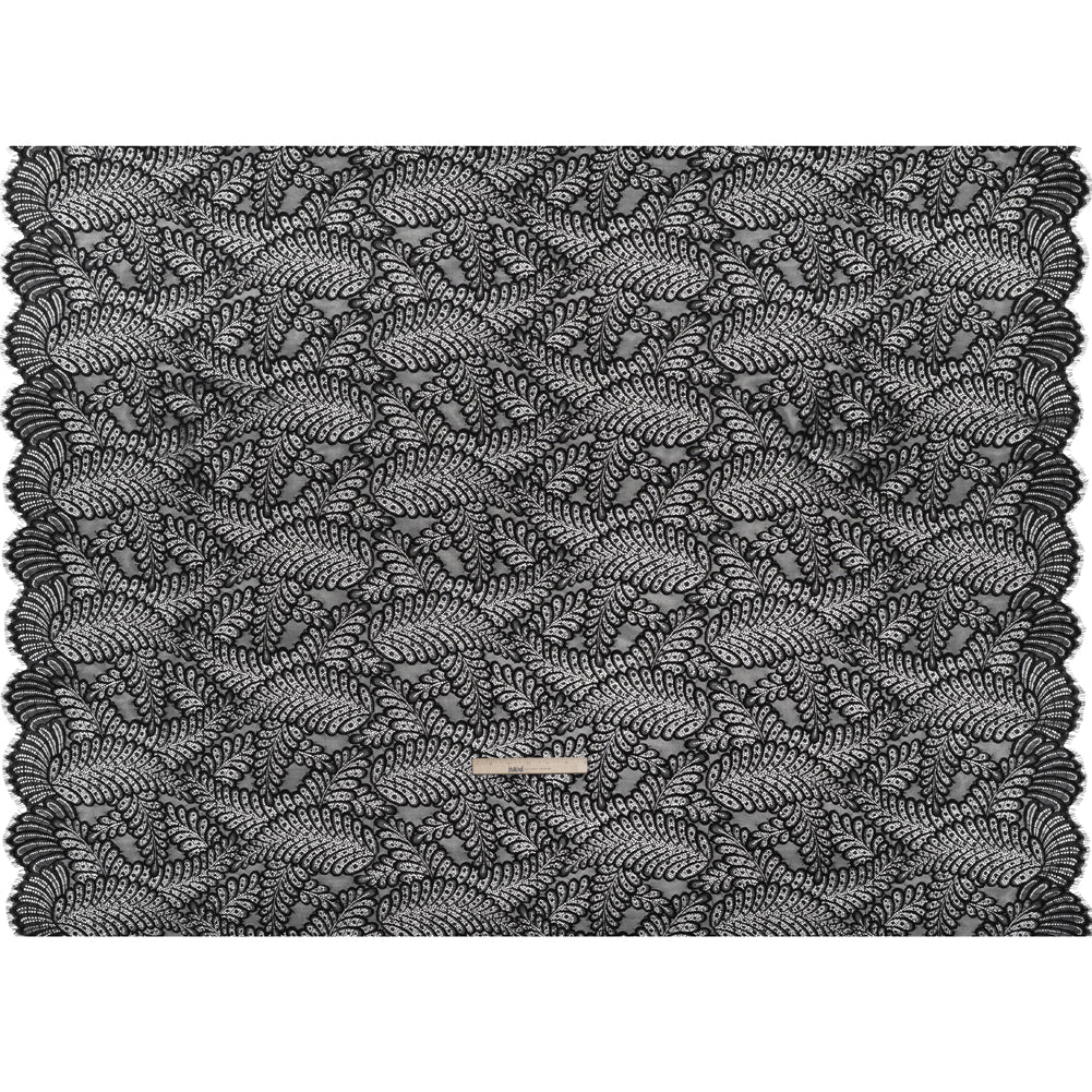 Nylon Raschel Lace Panel with Finished Scalloped Edges - Black Fern Leaves - Full Nylon Raschel Lace Panel with Finished Scalloped Edges - Black Fern Leaves - Full
