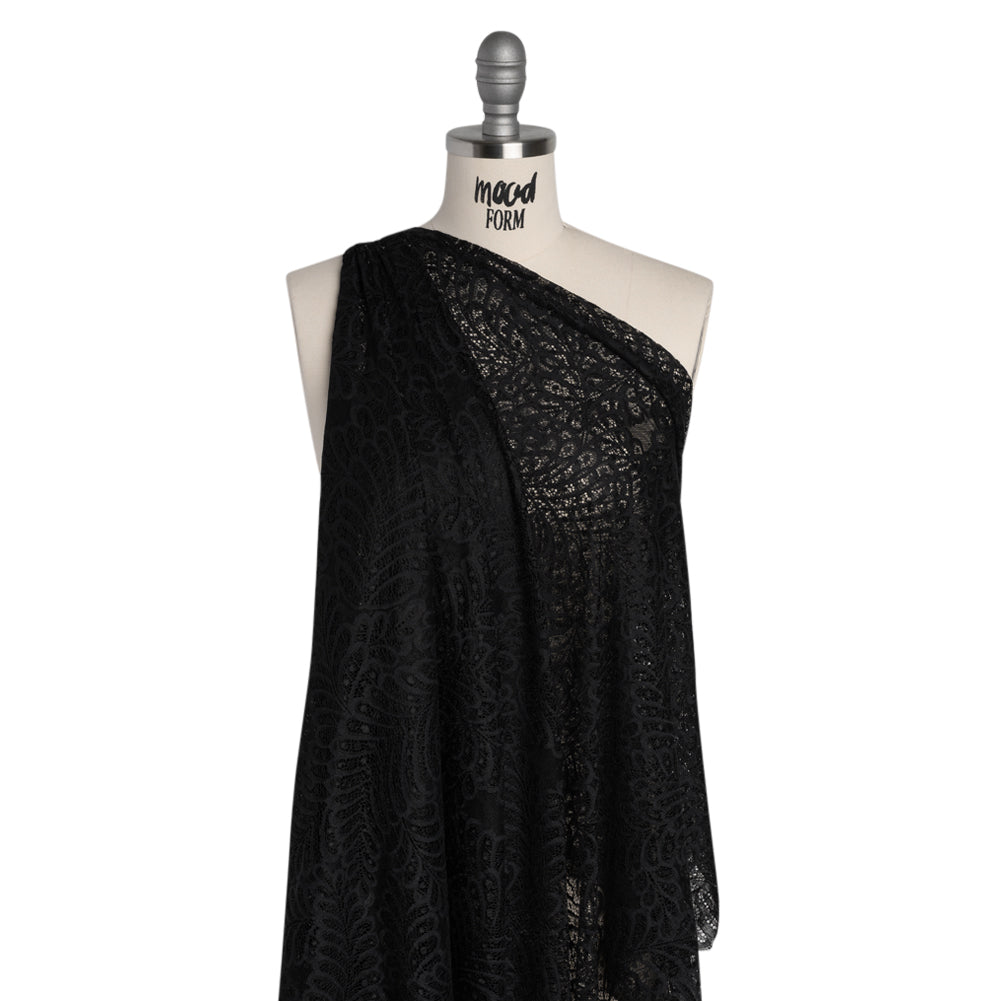 Nylon Raschel Lace Panel with Finished Scalloped Edges - Black Fern Leaves - Drape Nylon Raschel Lace Panel with Finished Scalloped Edges - Black Fern Leaves - Drape