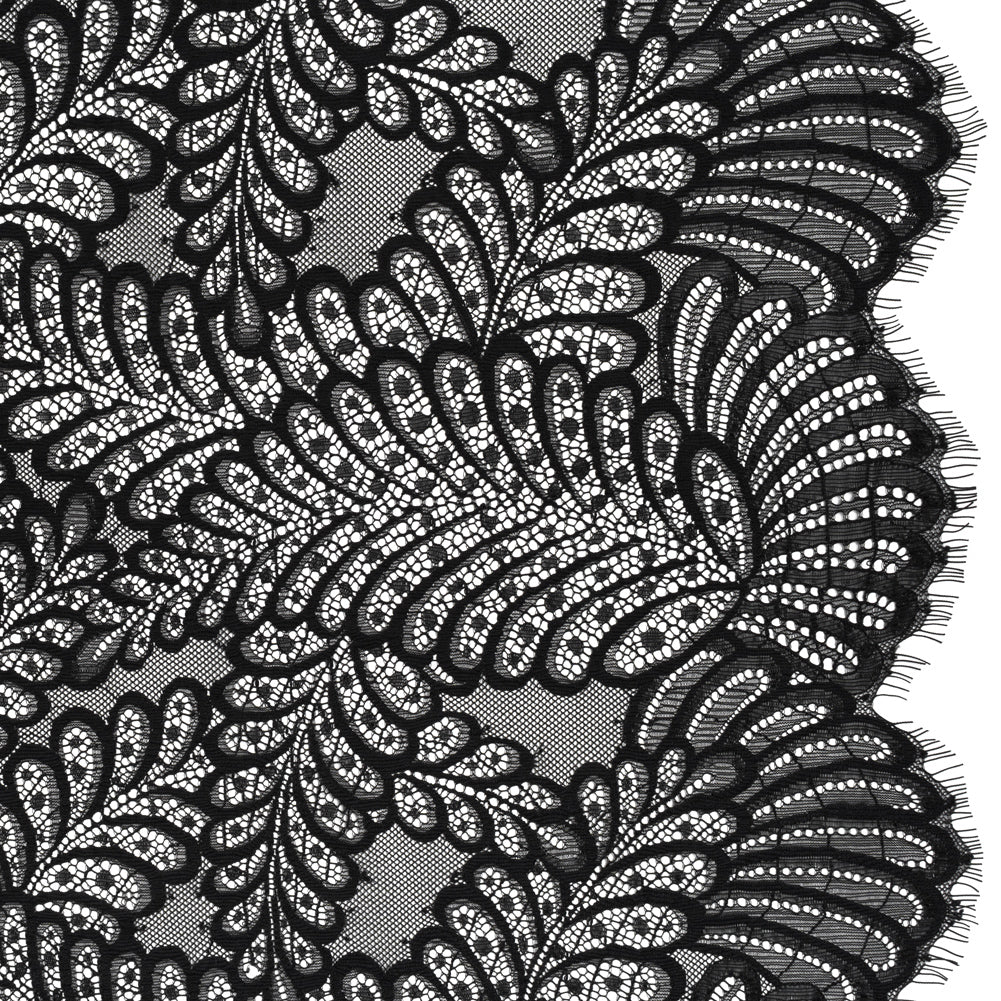 Nylon Raschel Lace Panel with Finished Scalloped Edges - Black Fern Leaves Nylon Raschel Lace Panel with Finished Scalloped Edges - Black Fern Leaves