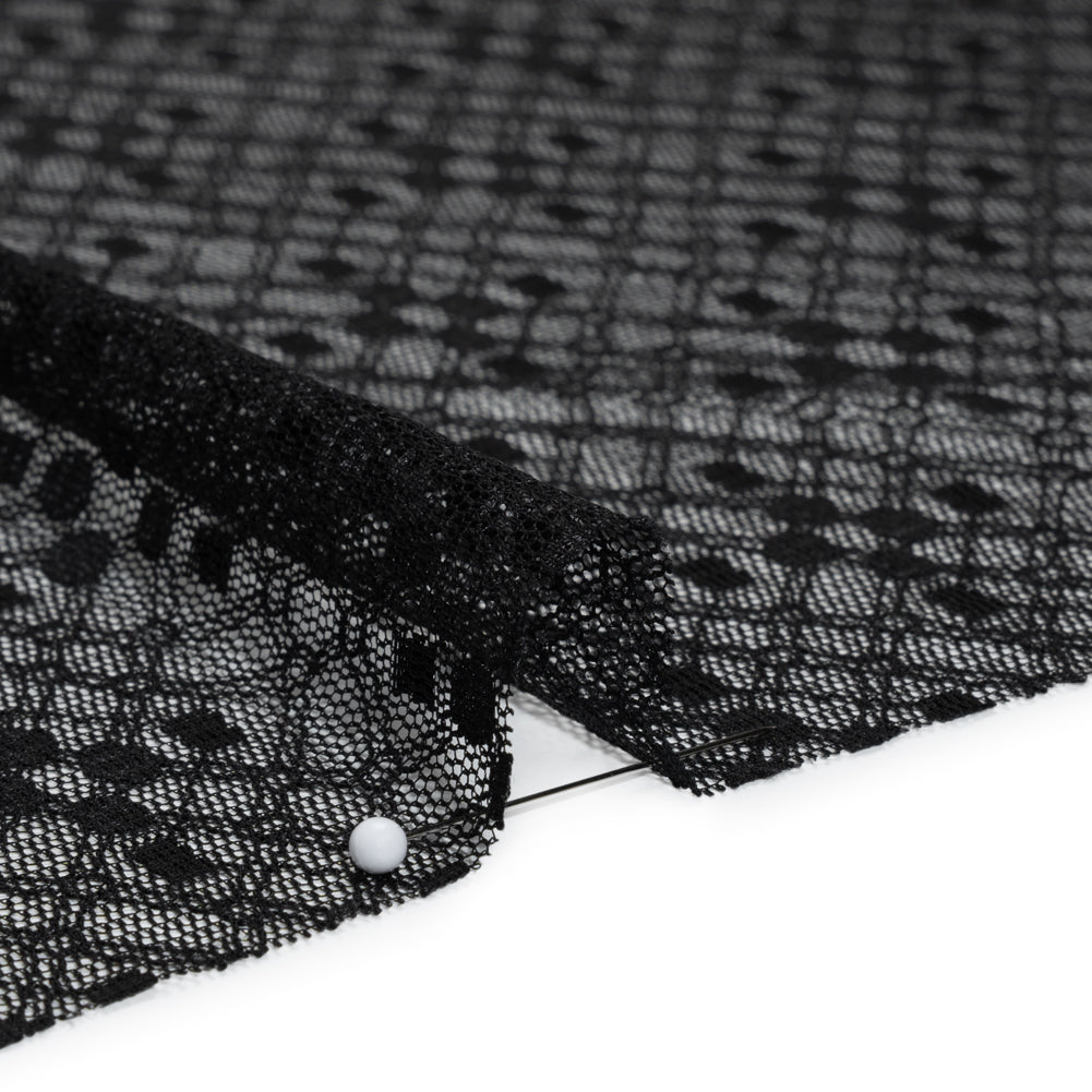 Nylon Raschel Mesh Lace - Black Latticework and Dots - Detail Nylon Raschel Mesh Lace - Black Latticework and Dots - Detail