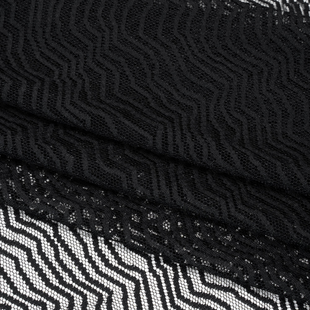 Nylon Raschel Mesh Lace - Black Erratic Zig Zags - Folded Nylon Raschel Mesh Lace - Black Erratic Zig Zags - Folded
