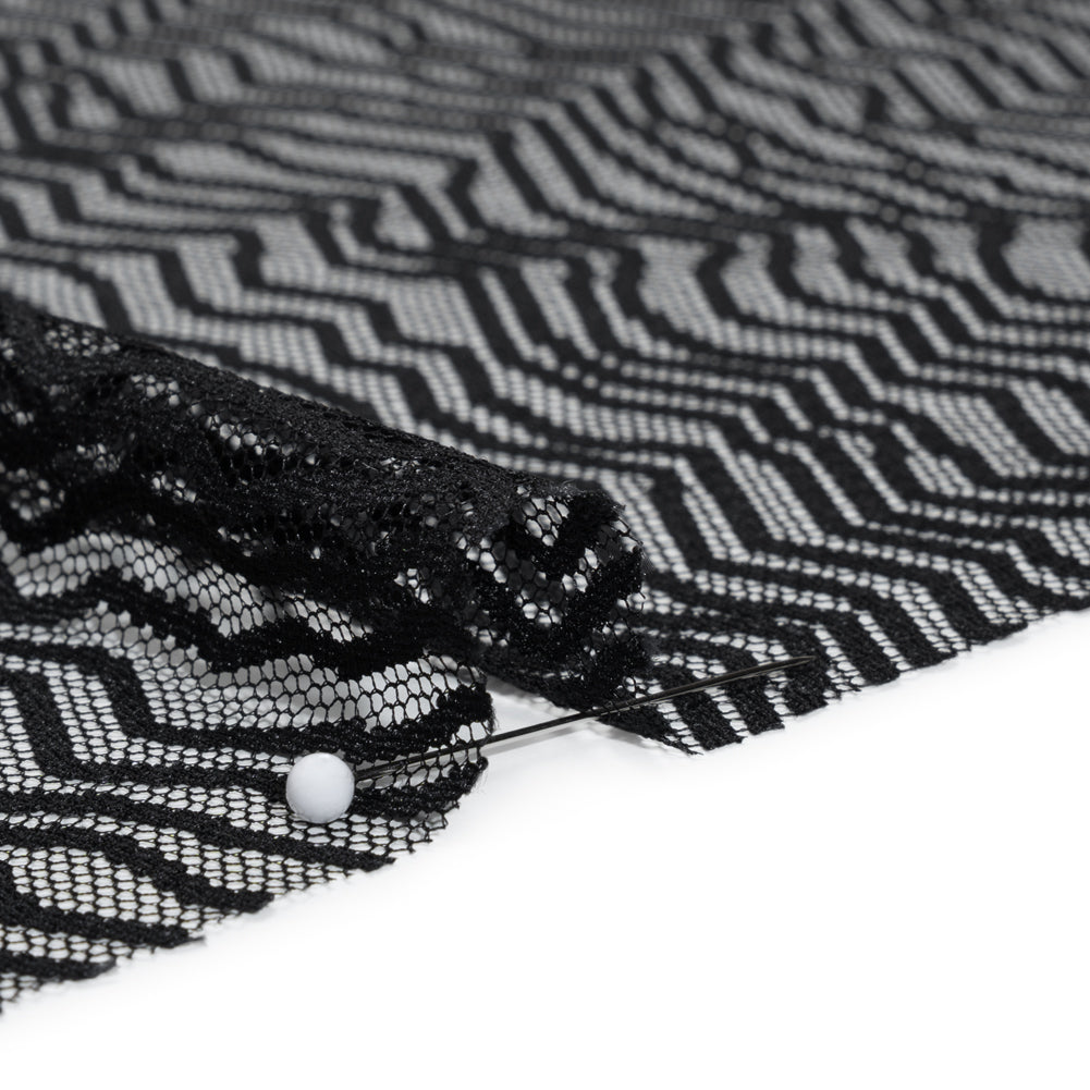 Nylon Raschel Mesh Lace - Black Erratic Zig Zags - Detail Nylon Raschel Mesh Lace - Black Erratic Zig Zags - Detail