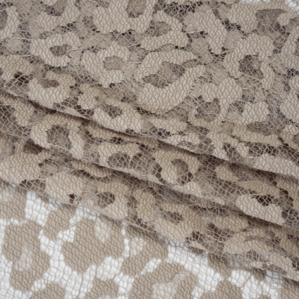 Metallic Raschel Lace with Finished Edges - Sandstone Leopard Spots - Folded Metallic Raschel Lace with Finished Edges - Sandstone Leopard Spots - Folded