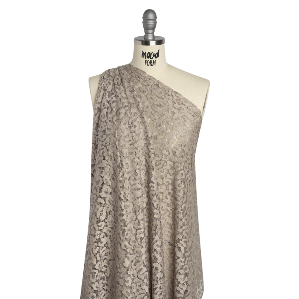 Metallic Raschel Lace with Finished Edges - Sandstone Leopard Spots - Drape Metallic Raschel Lace with Finished Edges - Sandstone Leopard Spots - Drape