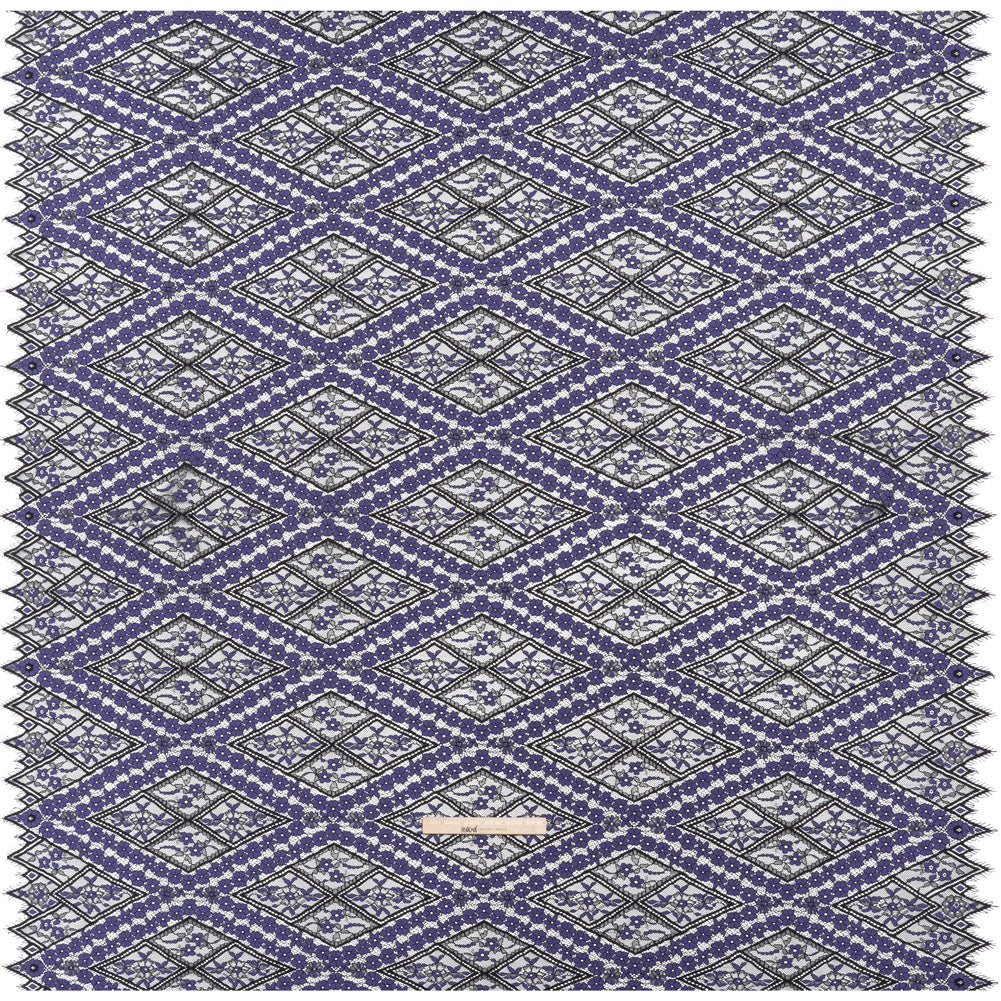 Cotton and Nylon Re-Embroidered Lace Panel with Finished Edges - Black and Blue Iris Diamonds and Flowers - Full Cotton and Nylon Re-Embroidered Lace Panel with Finished Edges - Black and Blue Iris Diamonds and Flowers - Full