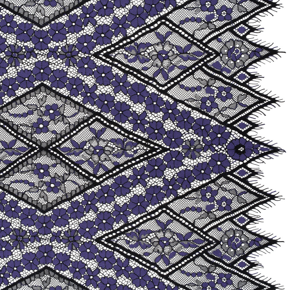 Cotton and Nylon Re-Embroidered Lace Panel with Finished Edges - Black and Blue Iris Diamonds and Flowers Cotton and Nylon Re-Embroidered Lace Panel with Finished Edges - Black and Blue Iris Diamonds and Flowers