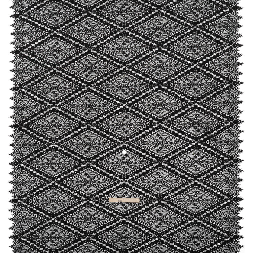 Cotton and Nylon Re-Embroidered Lace Panel with Finished Edges - Black Diamonds and Flowers - Full Cotton and Nylon Re-Embroidered Lace Panel with Finished Edges - Black Diamonds and Flowers - Full