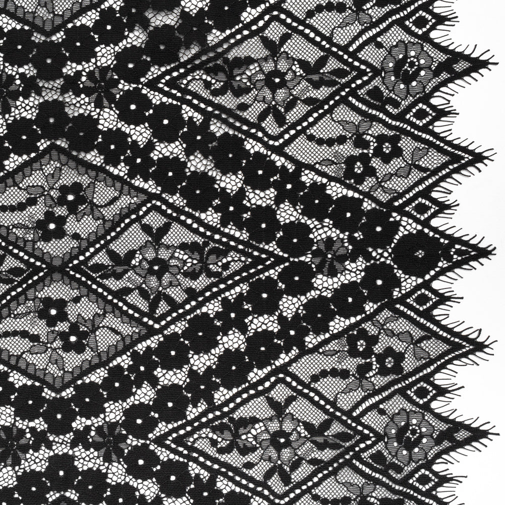 Cotton and Nylon Re-Embroidered Lace Panel with Finished Edges - Black Diamonds and Flowers Cotton and Nylon Re-Embroidered Lace Panel with Finished Edges - Black Diamonds and Flowers