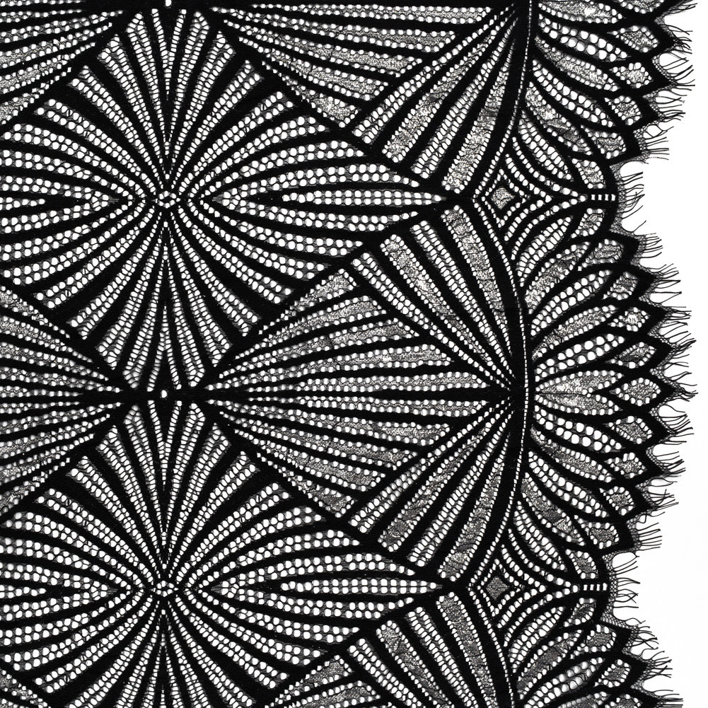 Metallic Lace Panel with Finished Edges - Silver and Black Geometric Starburst Metallic Lace Panel with Finished Edges - Silver and Black Geometric Starburst