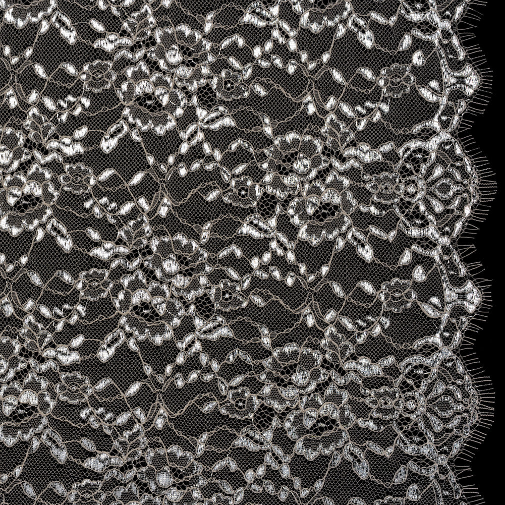 Metallic Re-Embroidered Lace Panel with Finished Edges - Sandstone and Silver Floral Vines Metallic Re-Embroidered Lace Panel with Finished Edges - Sandstone and Silver Floral Vines