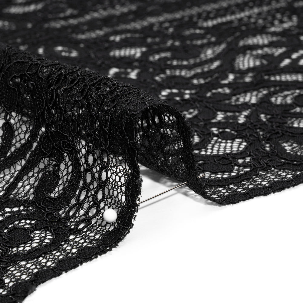 Corded Lace with Fringed and Scalloped Edges - Black Vine Stripes - Detail Corded Lace with Fringed and Scalloped Edges - Black Vine Stripes - Detail