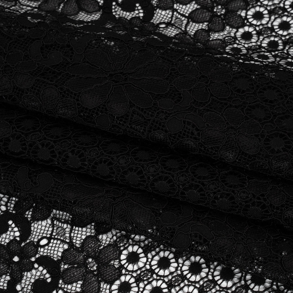 Rayon and Nylon Corded Lace with Scalloped Finished Edges - Black Flower and Dot Stripes - Folded Rayon and Nylon Corded Lace with Scalloped Finished Edges - Black Flower and Dot Stripes - Folded
