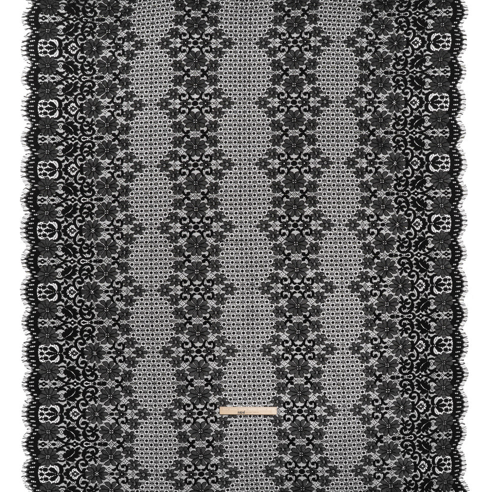 Rayon and Nylon Corded Lace with Scalloped Finished Edges - Black Flower and Dot Stripes - Full Rayon and Nylon Corded Lace with Scalloped Finished Edges - Black Flower and Dot Stripes - Full