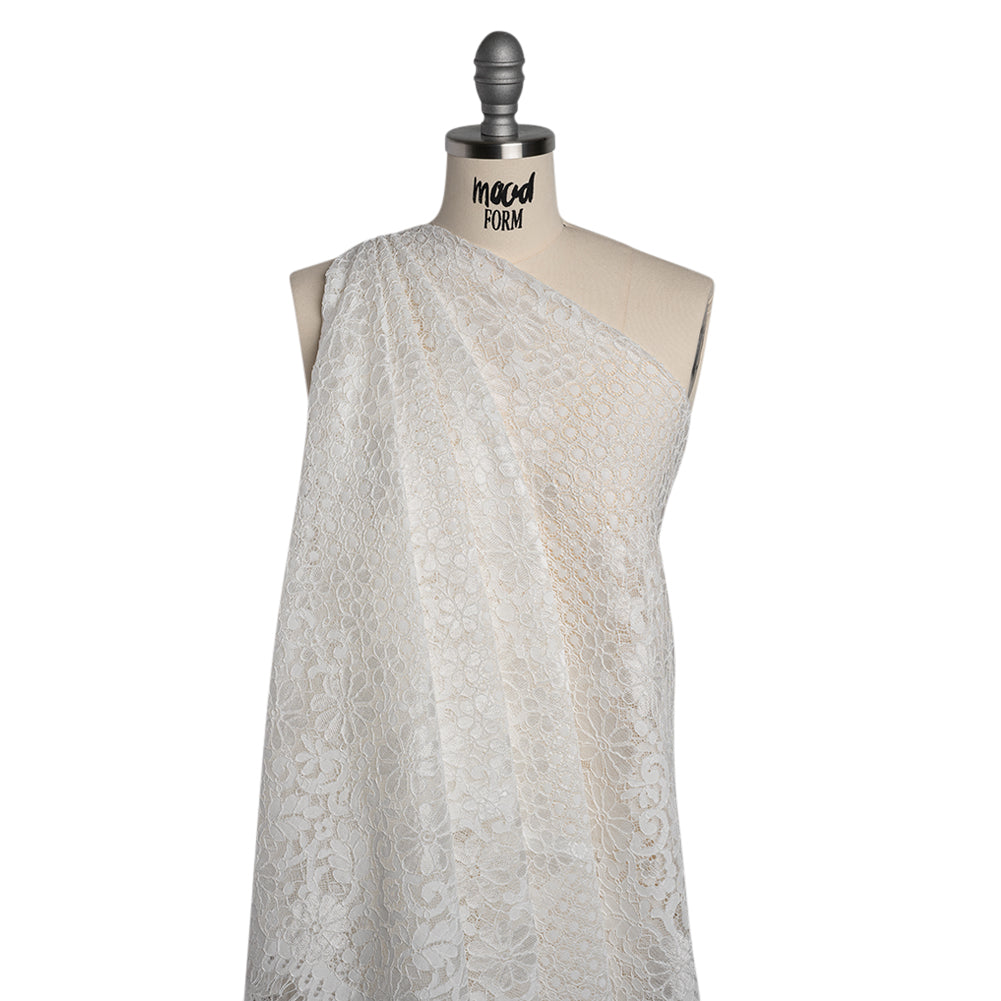 Rayon and Nylon Corded Lace with Scalloped Finished Edges - Ivory Flower and Dot Stripes - Drape Rayon and Nylon Corded Lace with Scalloped Finished Edges - Ivory Flower and Dot Stripes - Drape