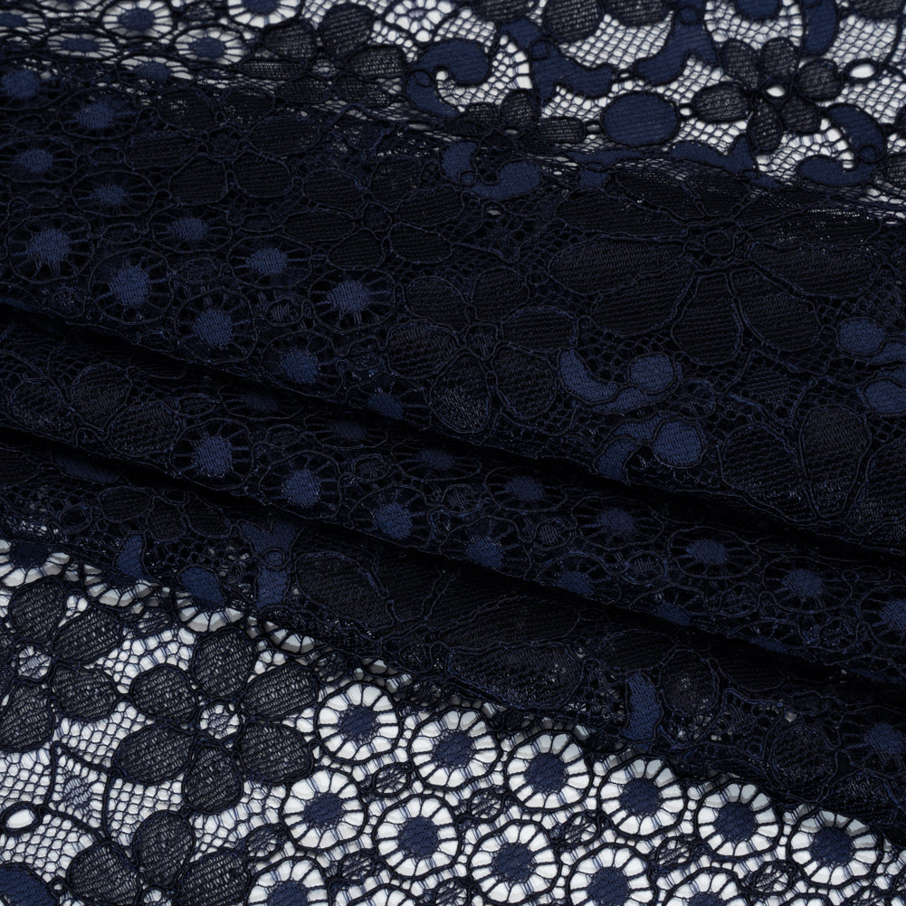 Rayon and Nylon Corded Lace with Scalloped Finished Edges - Navy Blue Flower and Dot Stripes - Folded Rayon and Nylon Corded Lace with Scalloped Finished Edges - Navy Blue Flower and Dot Stripes - Folded