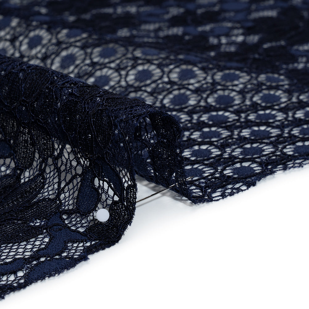 Rayon and Nylon Corded Lace with Scalloped Finished Edges - Navy Blue Flower and Dot Stripes - Detail Rayon and Nylon Corded Lace with Scalloped Finished Edges - Navy Blue Flower and Dot Stripes - Detail